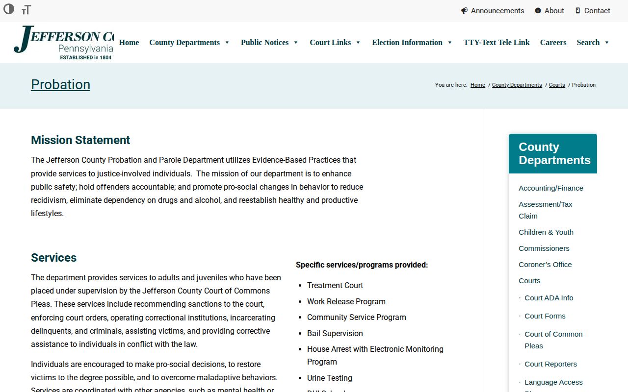 Jefferson County post-release probation and parole contact page