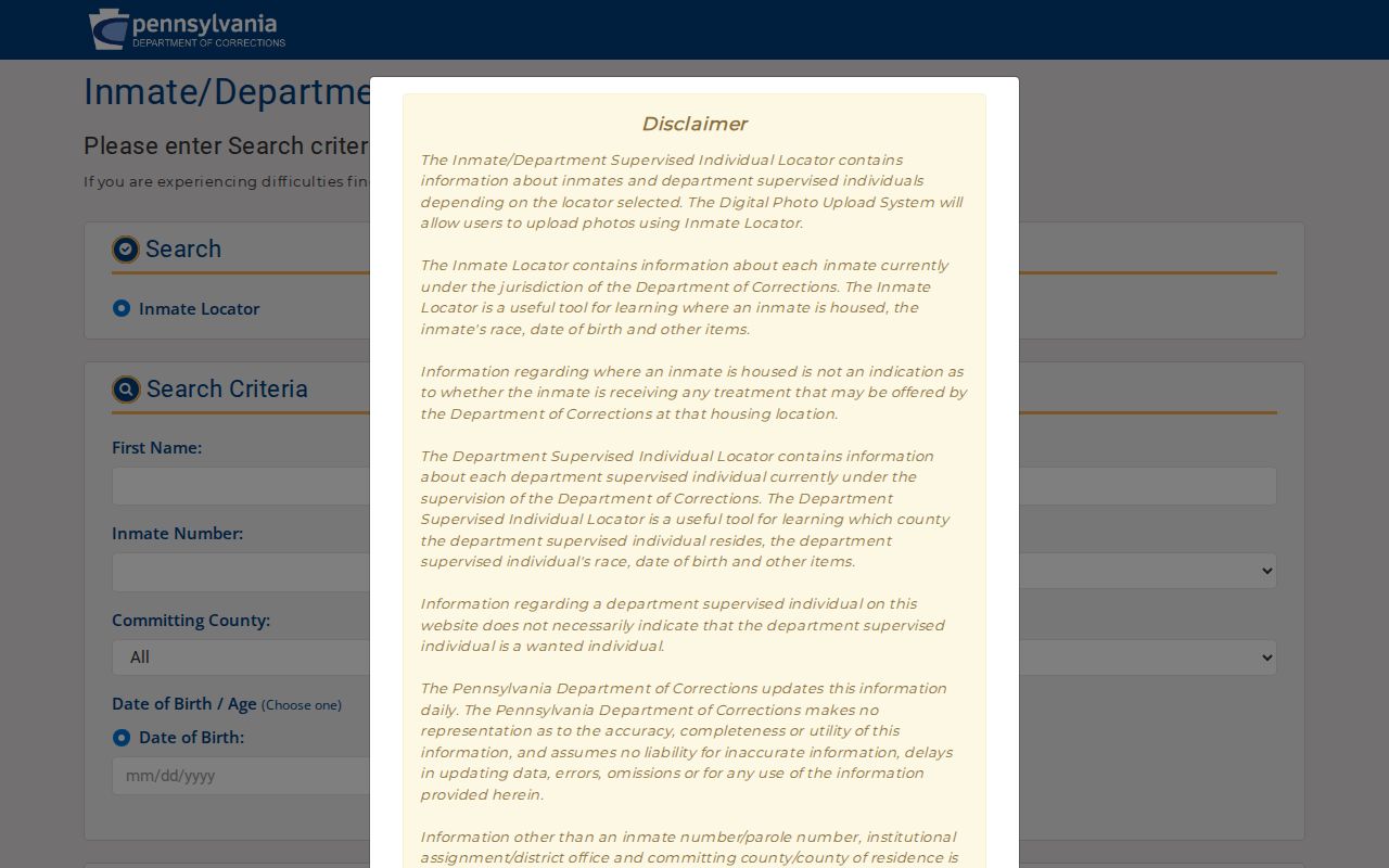 PA DOC search form for Jefferson County released inmate status