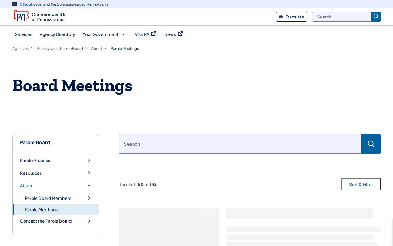 Pennsylvania Parole Board meeting page for Jefferson County parole records